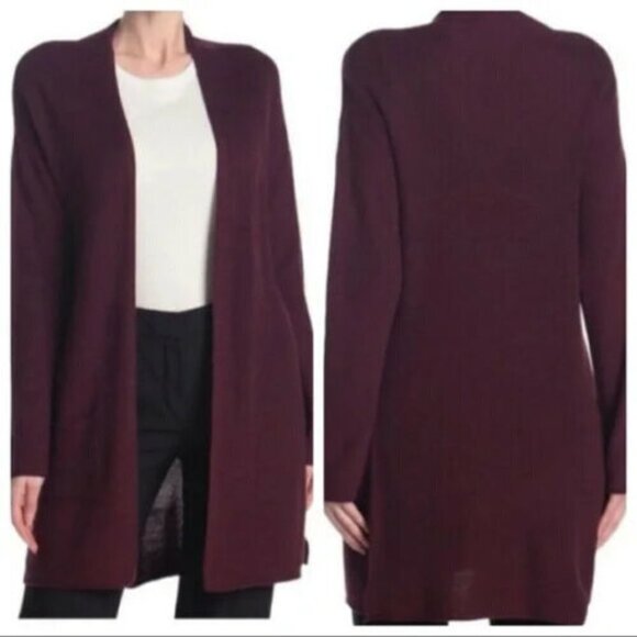𝅺t Tahari BNWOT Small Ribbed Burgundy Open Cardigan NEW Front Pockets Cashmere - Picture 1 of 7